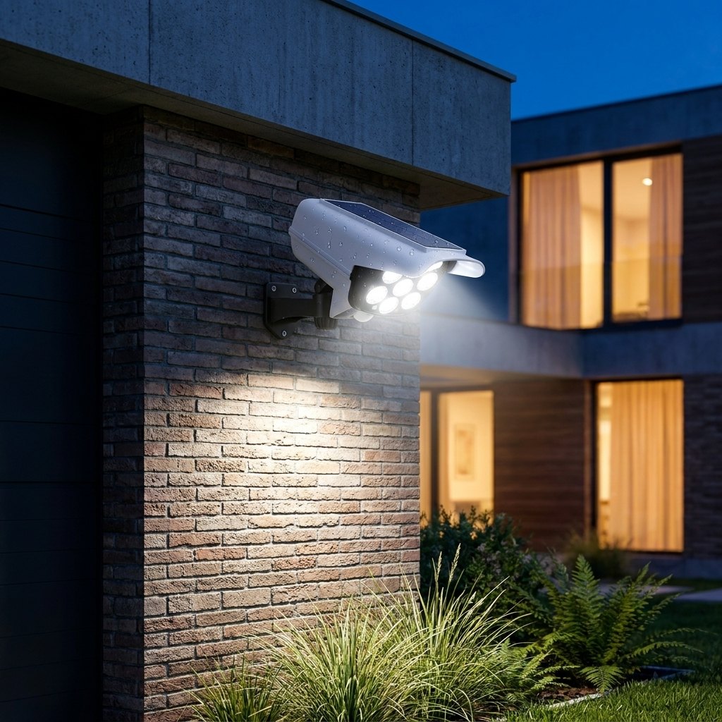 Foco LED Solar Vigil Tipo Cámara iluminando una pared exterior