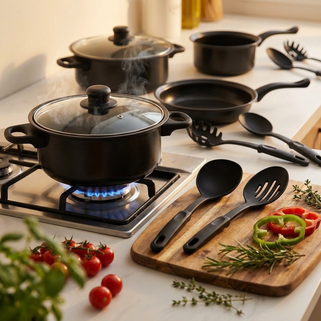 Olla FORGIA cocinando sobre fuego a gas junto a utensilios y verduras frescas