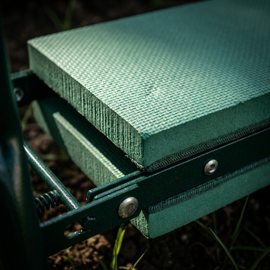 Detalle asiento acolchado GardenEase tubo acero 2.18cm estructura reforzada plegable
