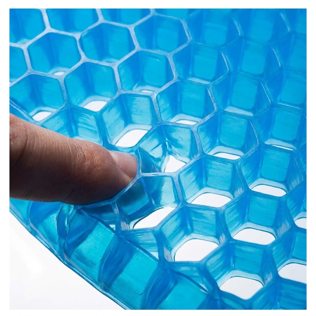 Detalle celdas hexagonales gel silicona cojín GelFlex distribución presión flexible ergonómico
