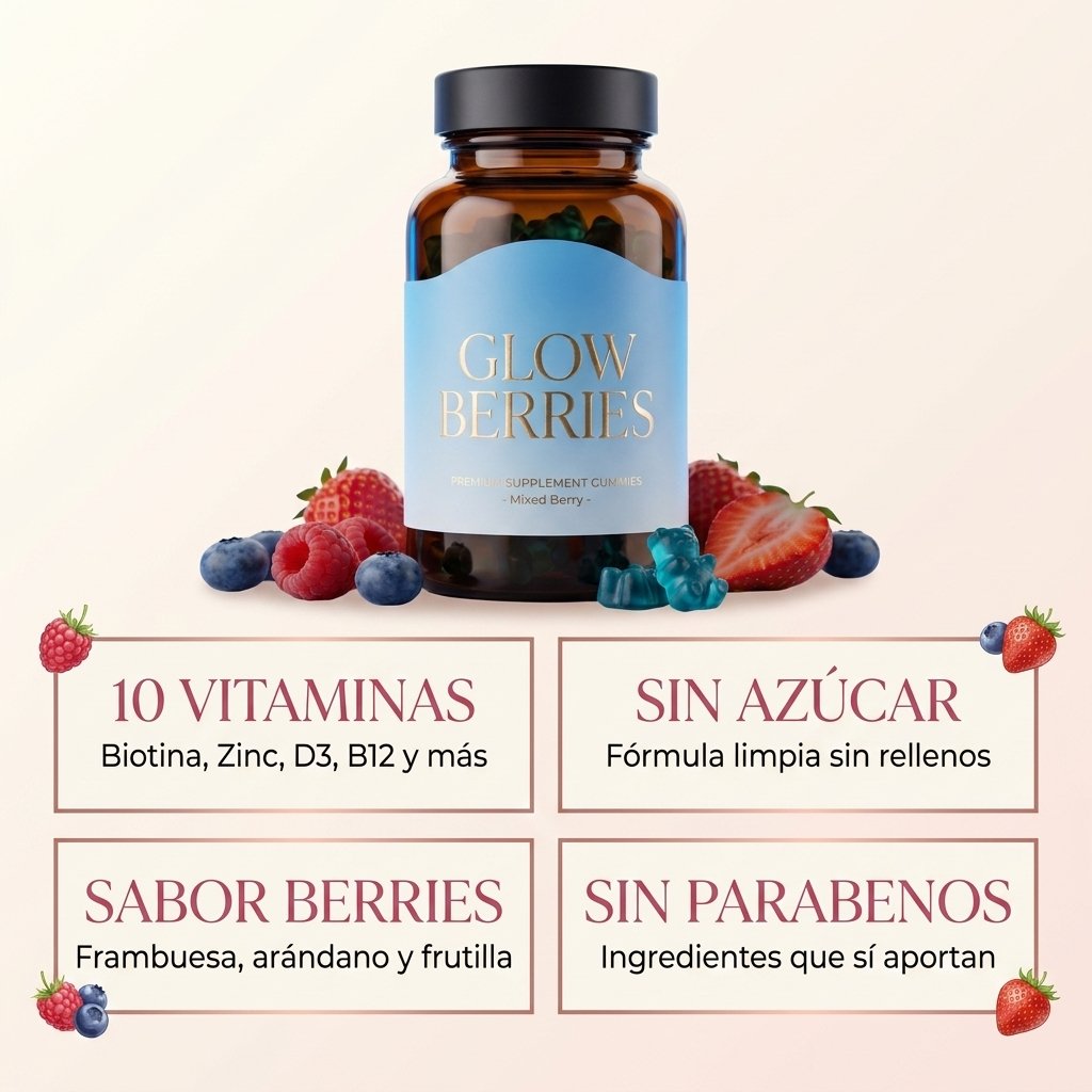 10 vitaminas: Biotina, Zinc, D3, B12 y más — sin azúcar ni parabenos