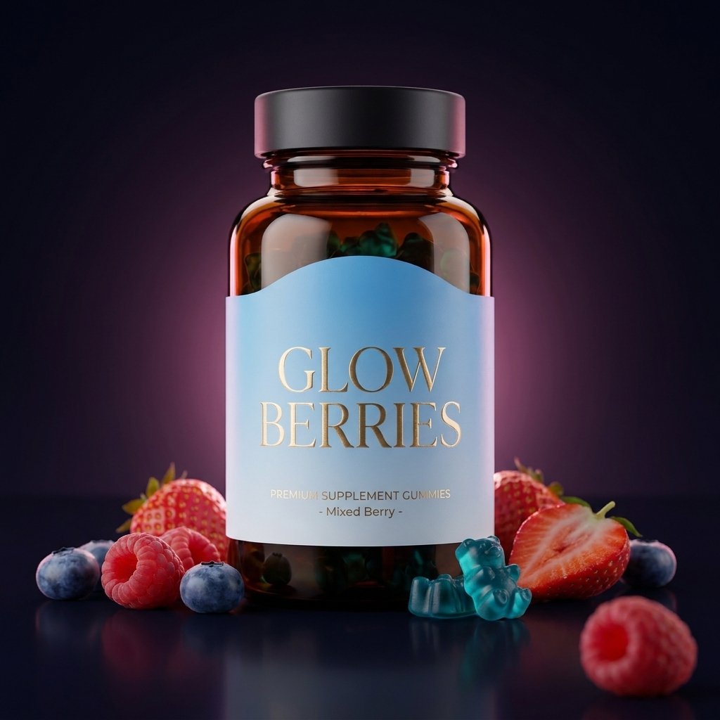 Glow Berries frasco gomitas multivitamínico cabello piel uñas fondo oscuro elegante