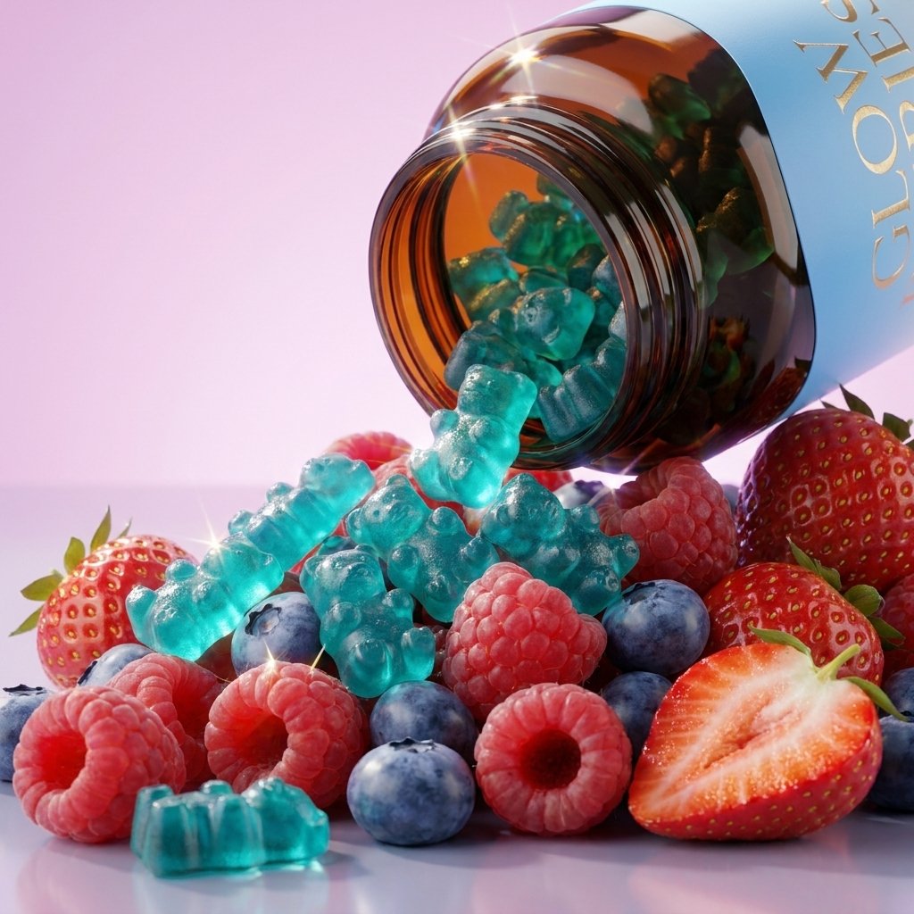 Detalle macro gomitas Glow Berries azules con frambuesas arándanos frutillas