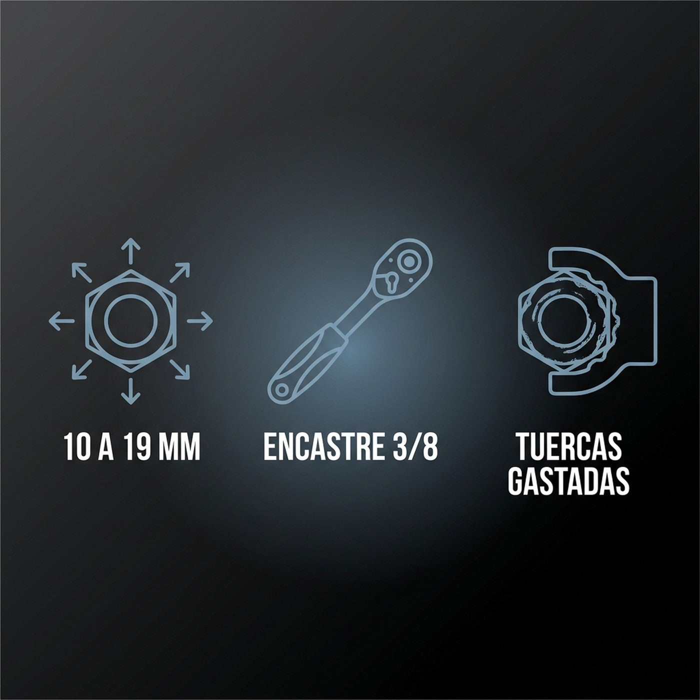 Beneficios GRIPMAX: 10 a 19 mm, encastre 3/8 y sirve en tuercas gastadas