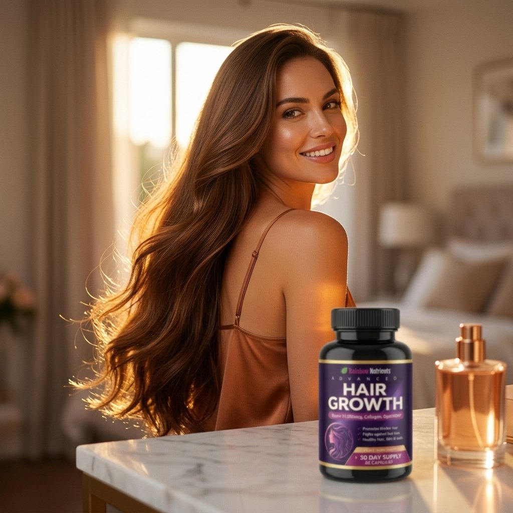 Mujer con cabello largo y brillante junto al frasco Hair Growth Force