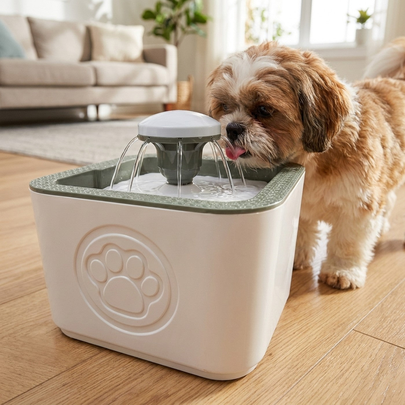 Perro pequeno bebiendo de la fuente HydroPet Fresh