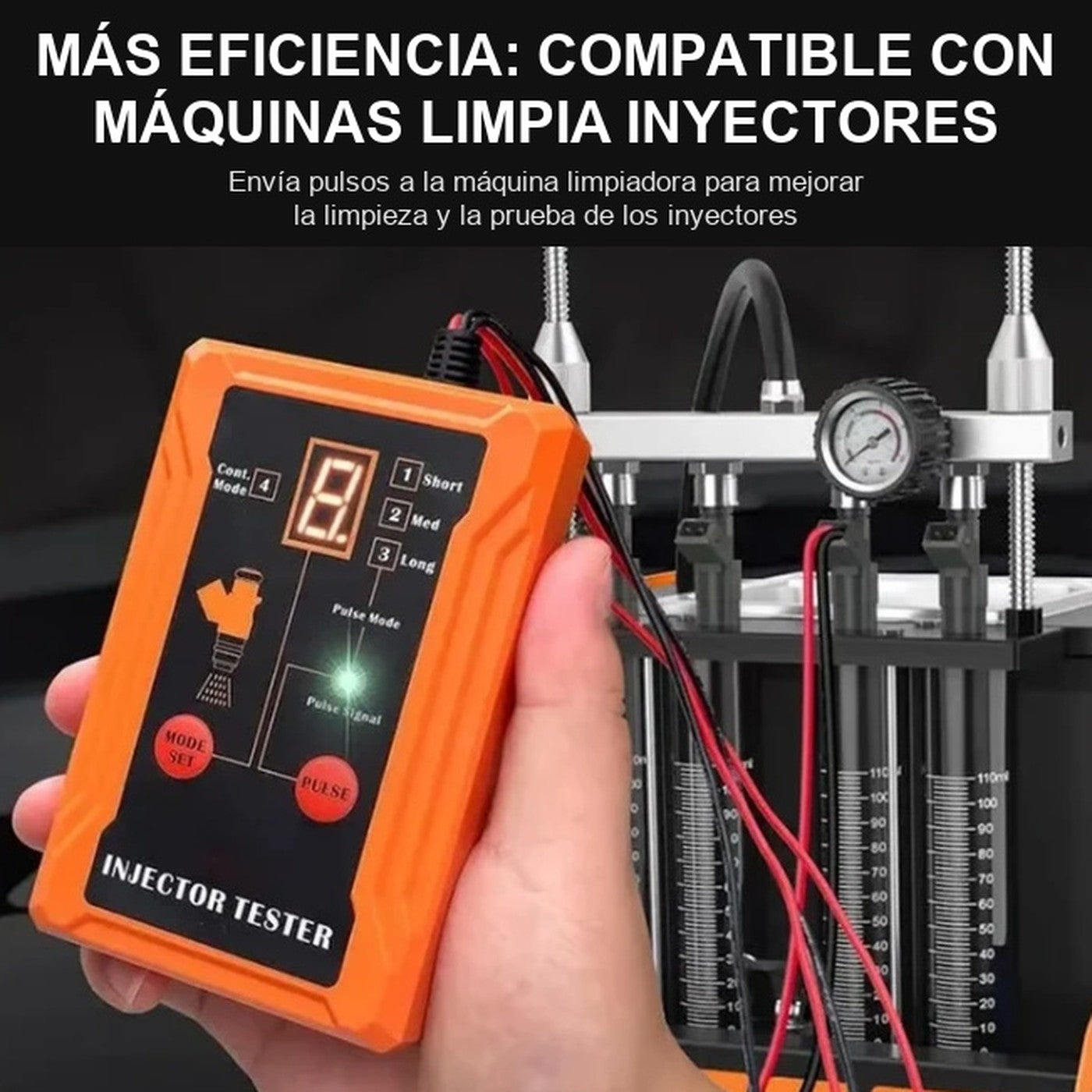 Probador de inyectores JETPULSE en la mano, con sus 4 modos de pulso