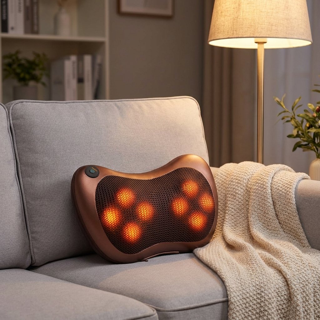 Almohada masajeadora apoyada en el respaldo del sillon para cuello y espalda