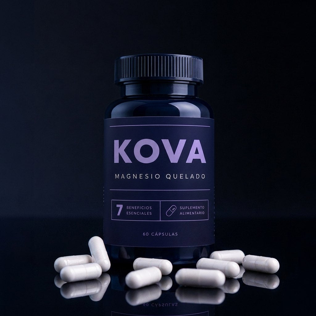 Magnesio Bisglicinato Quelado KOVA sobre superficie oscura con cápsulas