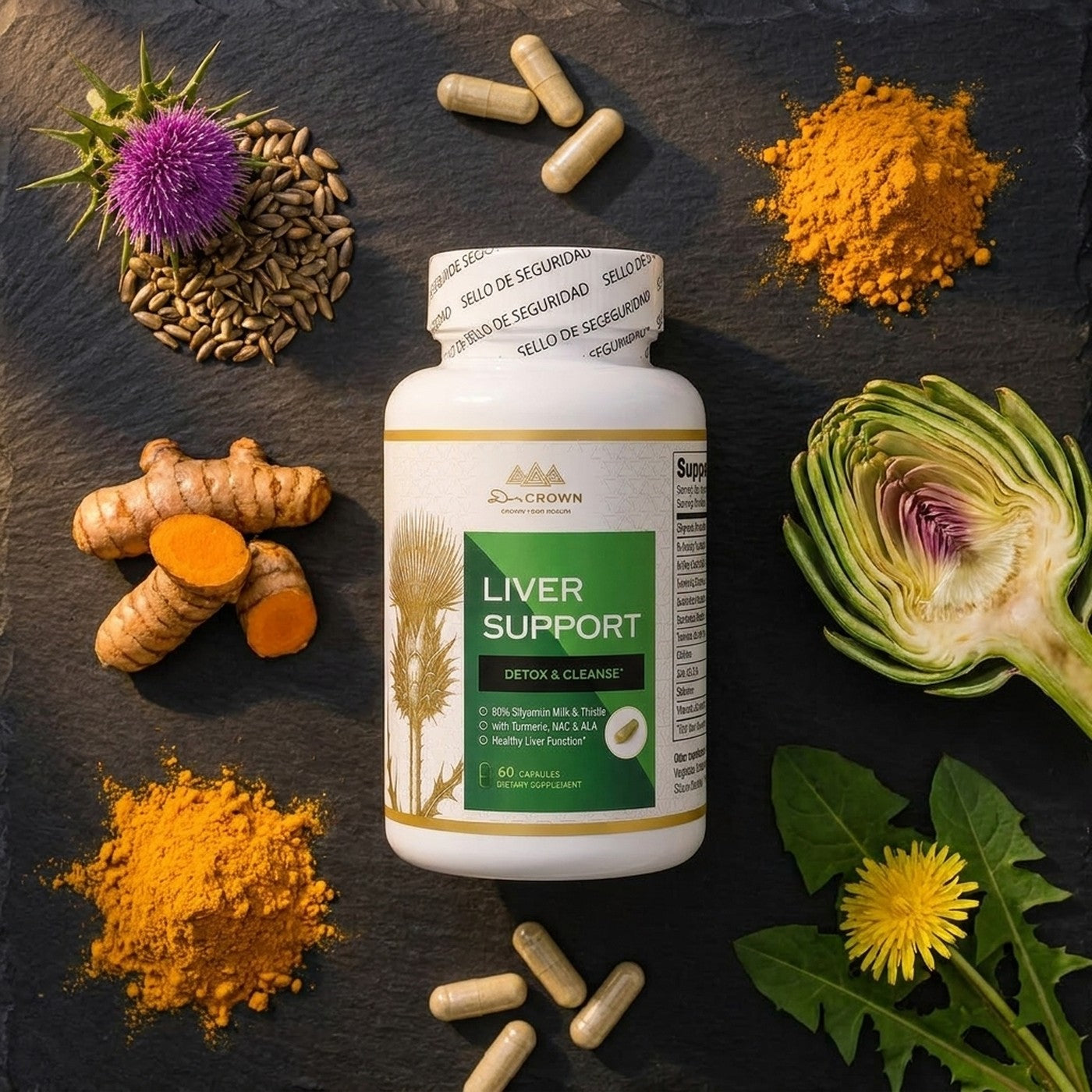 Ingredientes de Liver Support: cardo mariano, curcuma, alcachofa y diente de leon