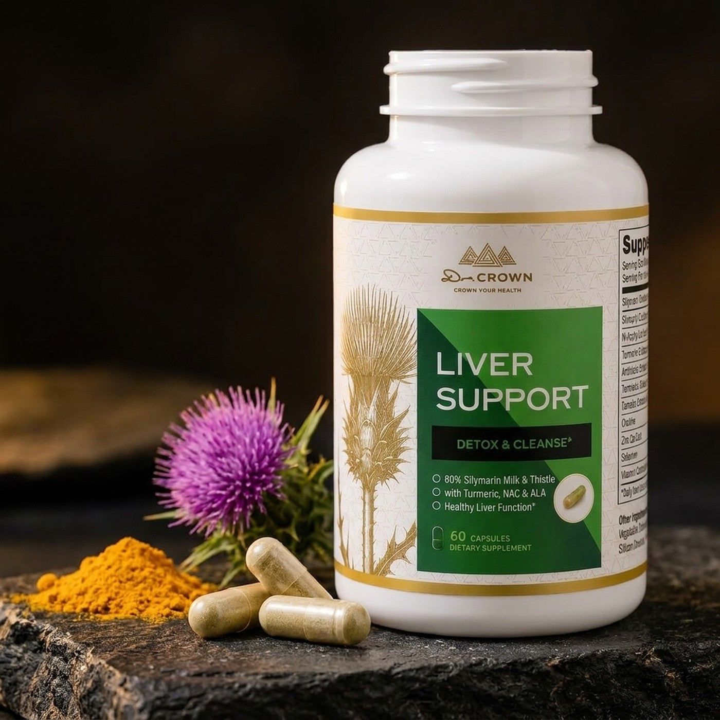Detalle de las capsulas de Liver Support junto a cardo mariano y curcuma