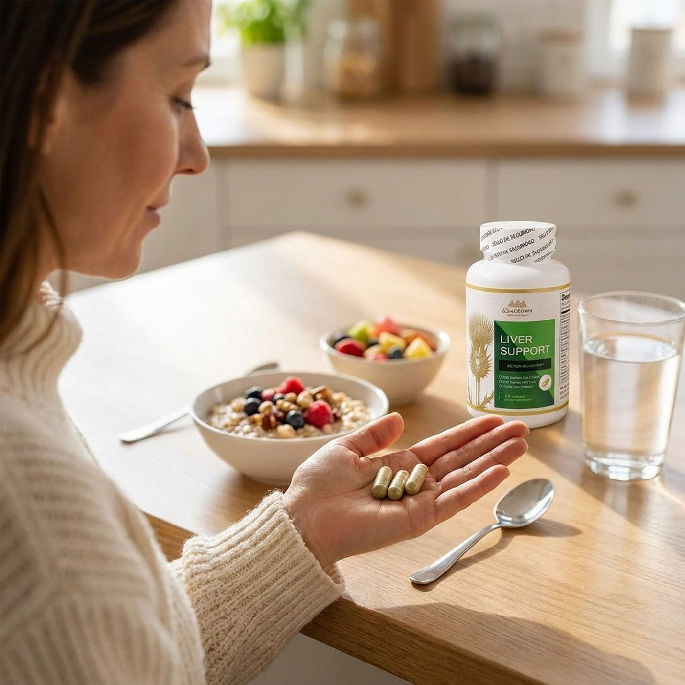 Tomando las 3 capsulas diarias de Liver Support con un vaso de agua