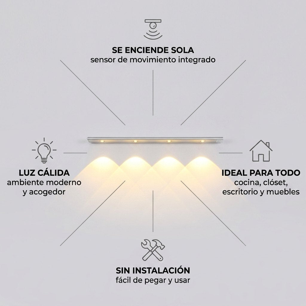 Beneficios: se enciende sola, ideal para todo, sin instalación, luz cálida