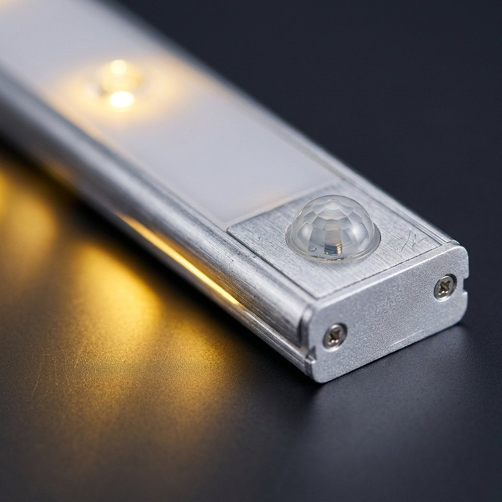 Macro del sensor y difusor LED de la barra LUMA con luz cálida