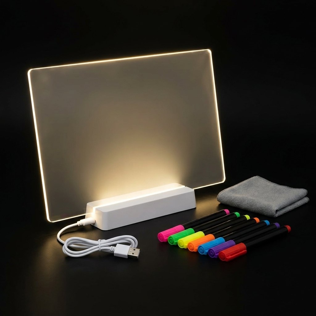 Pizarra LED acrílica transparente LUMIK encendida con soporte USB y 7 plumones de colores