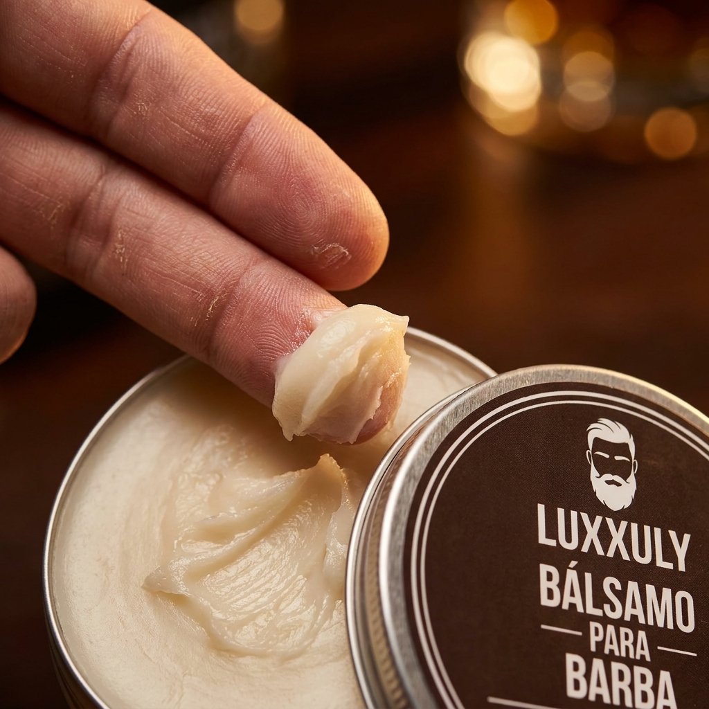 Textura cremosa bálsamo barba LUXXULY aplicando producto nutritivo artesanal