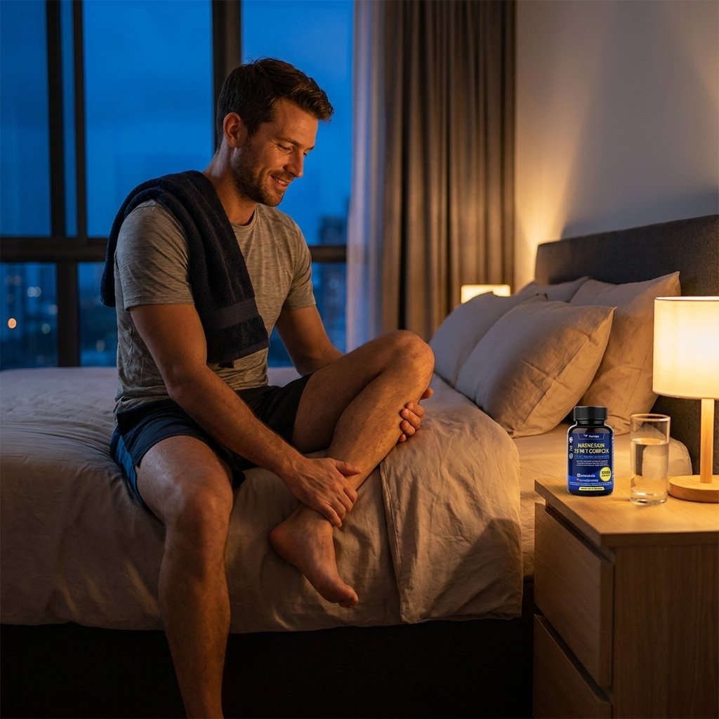 Persona con recuperación muscular y descanso tomando Magnesium 12-in-1 Complex