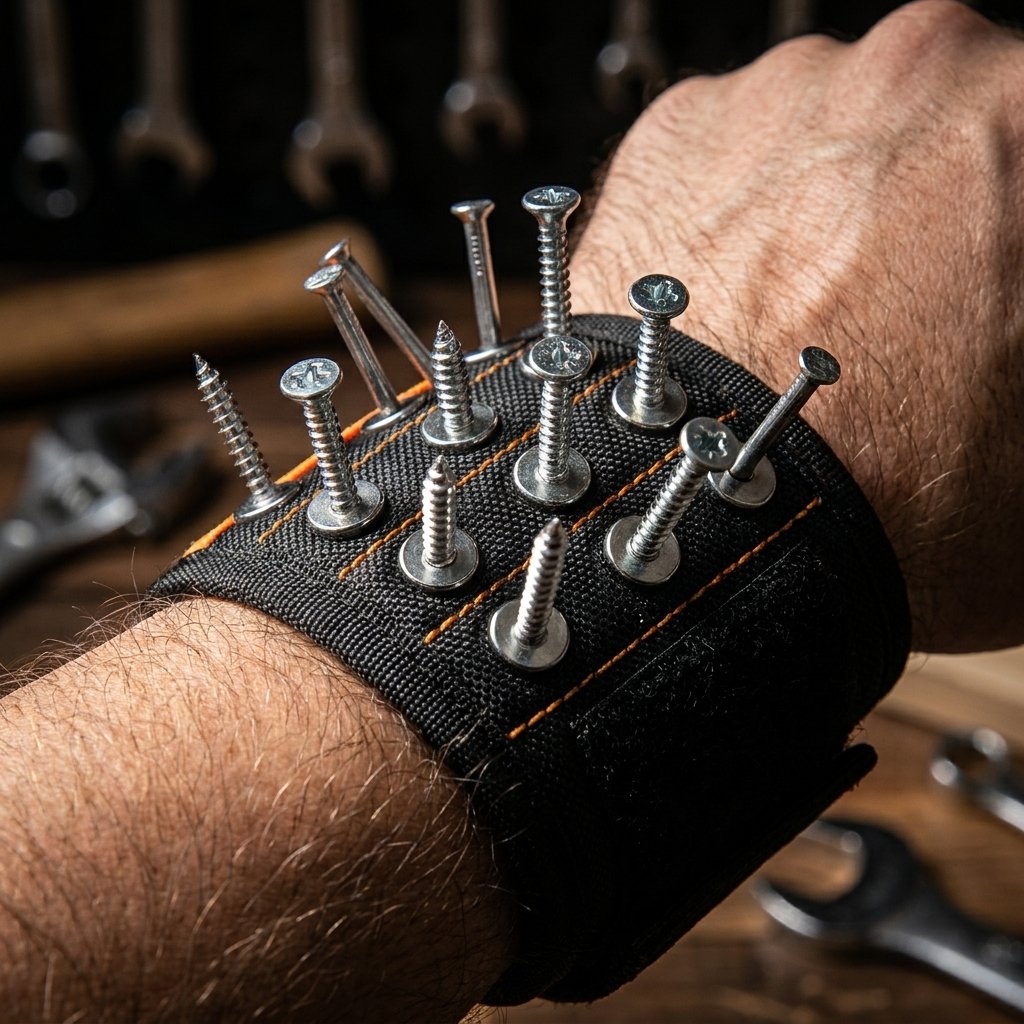 Tornillos y clavos adheridos a imanes potentes muñequera MAGWRIST manos libres carpintero