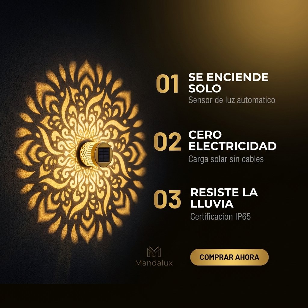 Beneficios Mandalux se enciende solo cero electricidad resiste lluvia instalación simple