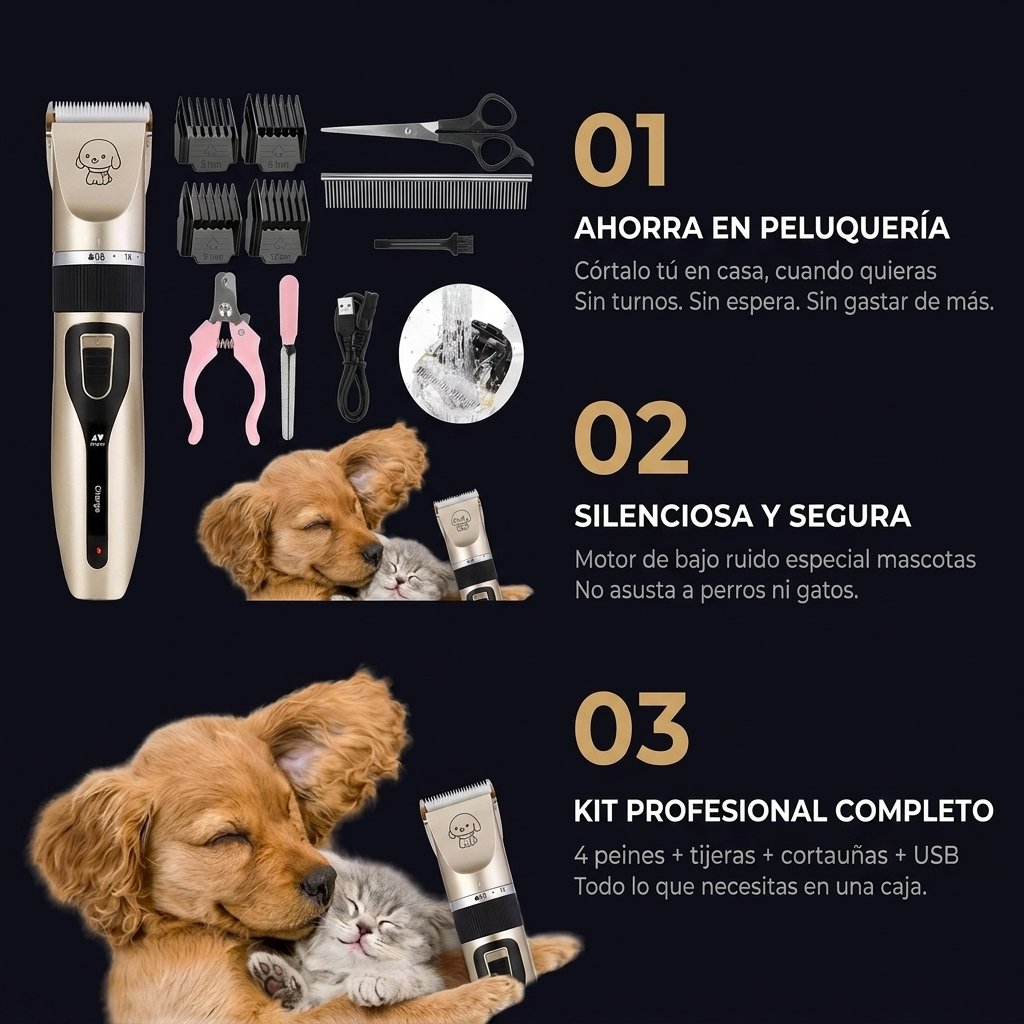 Beneficios: ahorra en peluquería, silenciosa, recargable, para perros y gatos