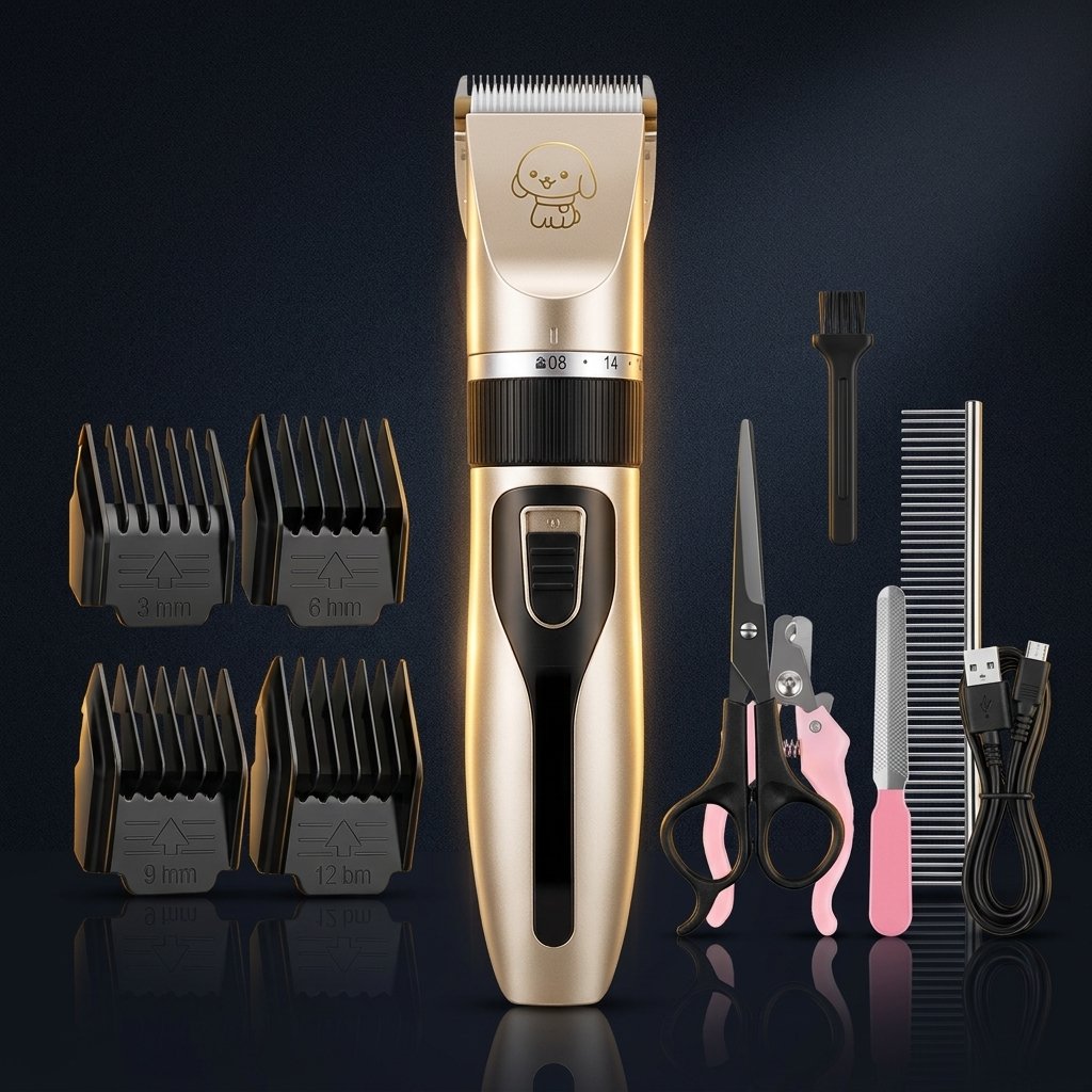 Kit peluquería profesional para mascotas PAWPRO sobre fondo oscuro