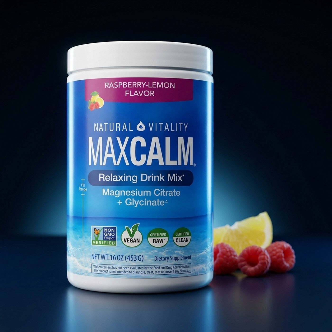 MaxCalm de Natural Vitality, magnesio citrato y glicinato sabor frambuesa-limon, 453 g
