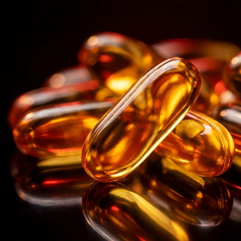 Detalle cápsulas softgel MegaRed Omega 3 aceite dorado translúcido 1000 mg