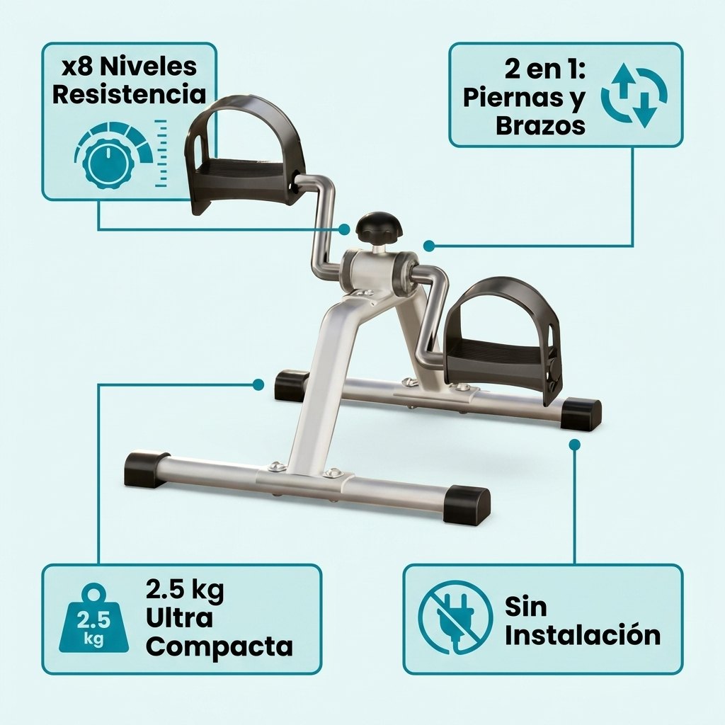 Especificaciones pedalera MOVIT: 8 niveles resistencia, 2.5 kg, uso piernas y brazos