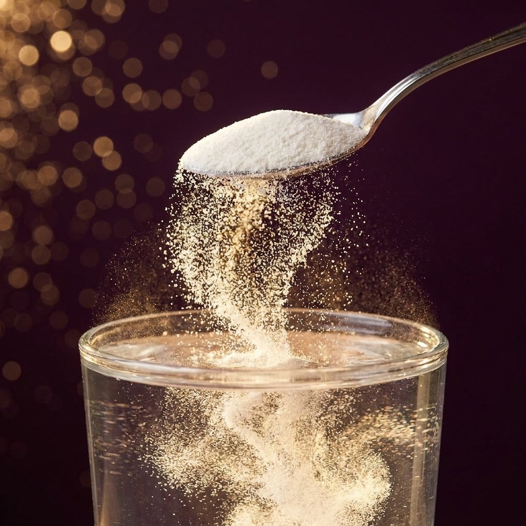 Polvo colágeno peptídico disolviéndose en agua pureza bioabsorción premium sin sabor