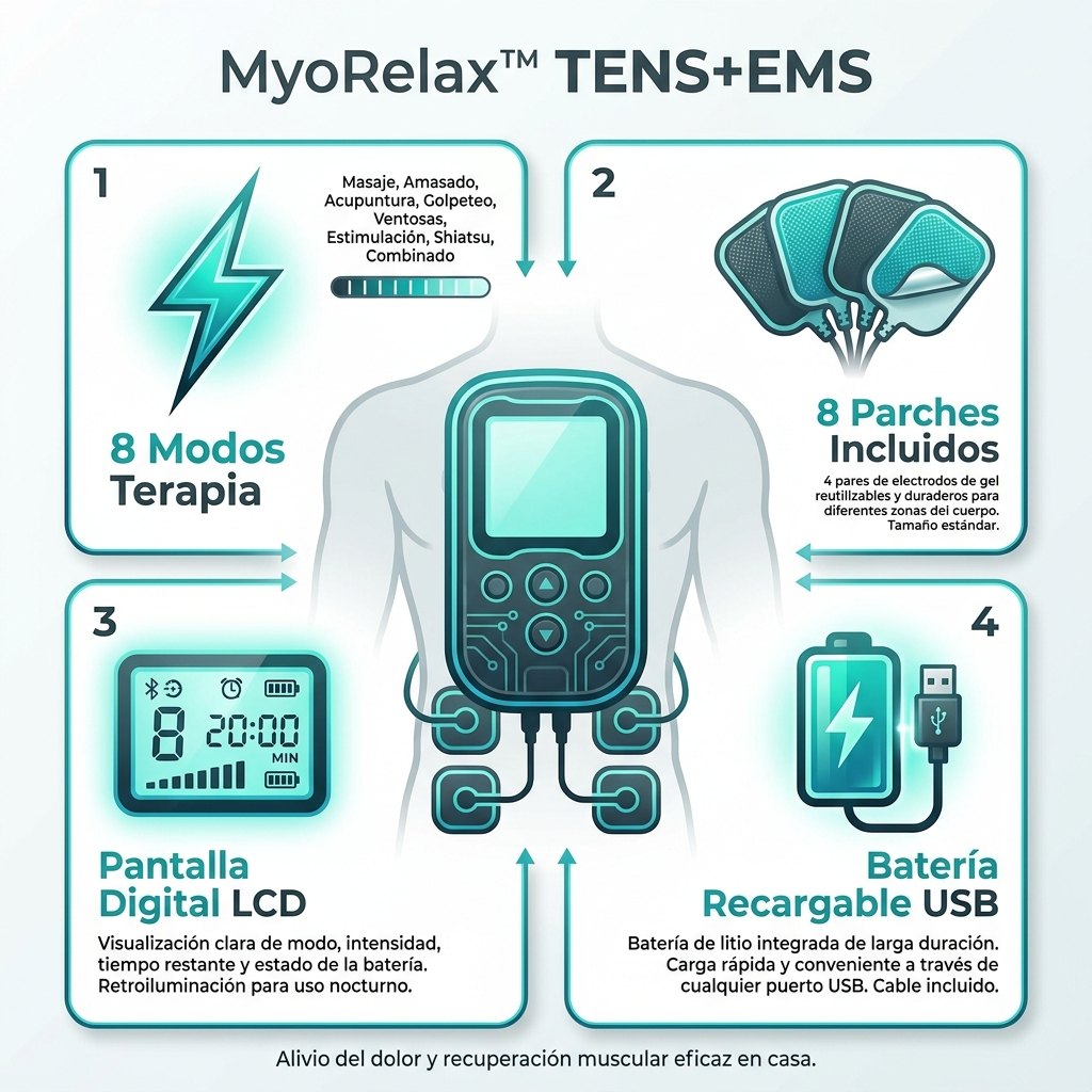 Especificaciones MyoRelax 8 modos terapia 8 parches doble canal pantalla LCD digital