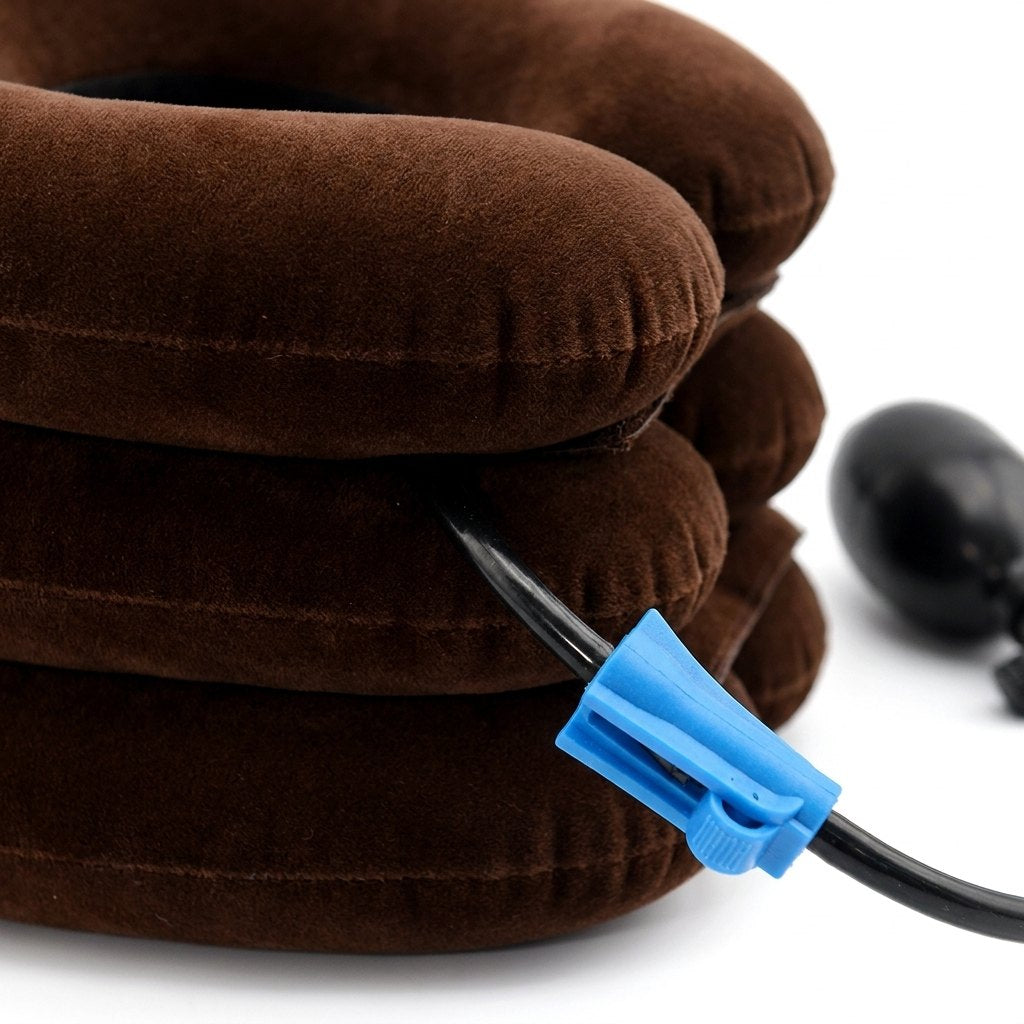 Detalle collar cervical NeckRelief material suave terciopelo ajuste progresivo valvula azul