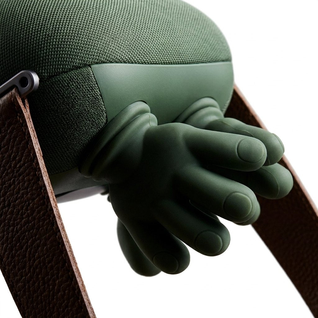 Macro NECKZEN — nódulos silicona verde oliva y detalle correa cuero