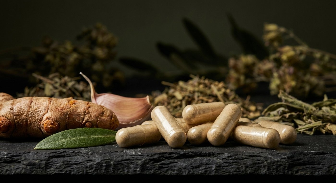 Detalle capsulas vegetales de extractos botanicos oregano ajo curcuma y olivo