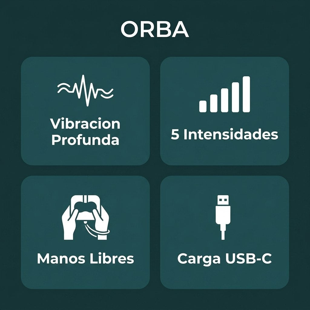 Beneficios ORBA: Vibracion Profunda, 5 Intensidades, Manos Libres, Carga USB-C