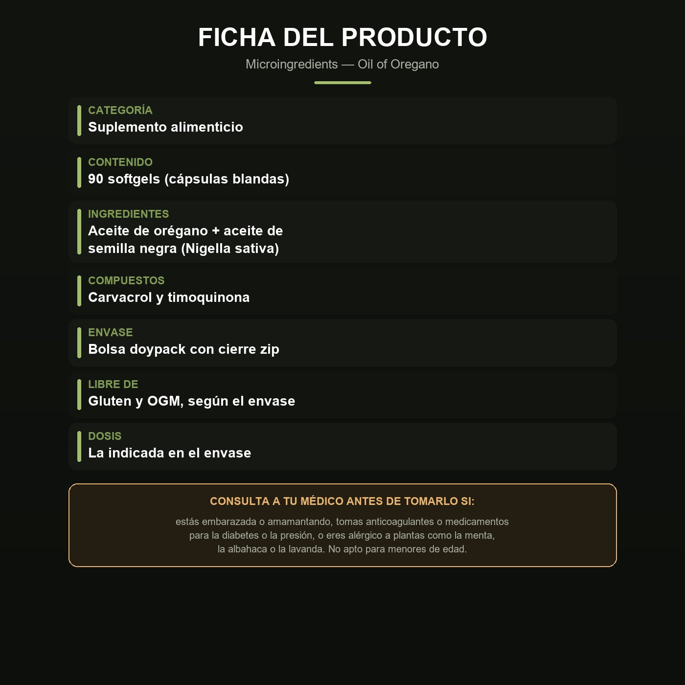 Ficha de Oil of Oregano: 90 softgels, oregano y semilla negra, advertencias