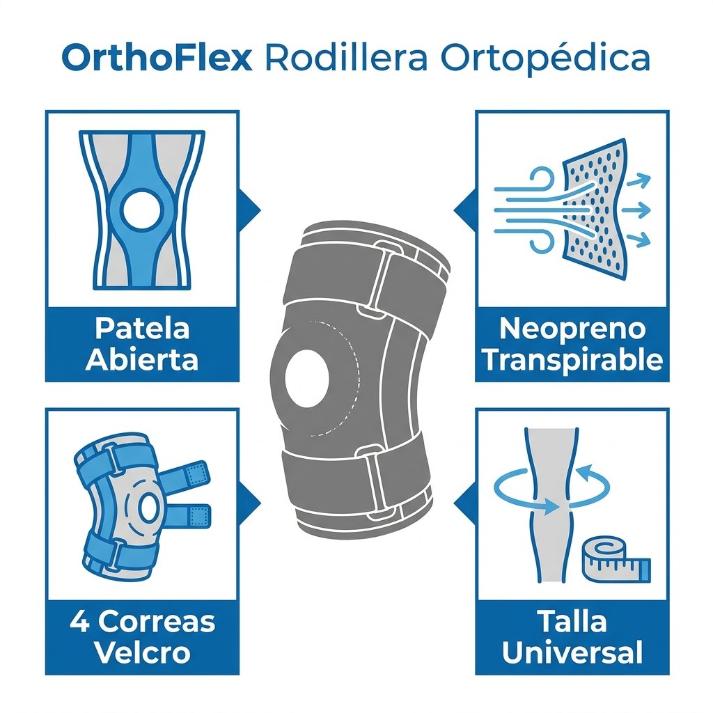 Especificaciones OrthoFlex patela abierta neopreno transpirable 4 correas talla universal