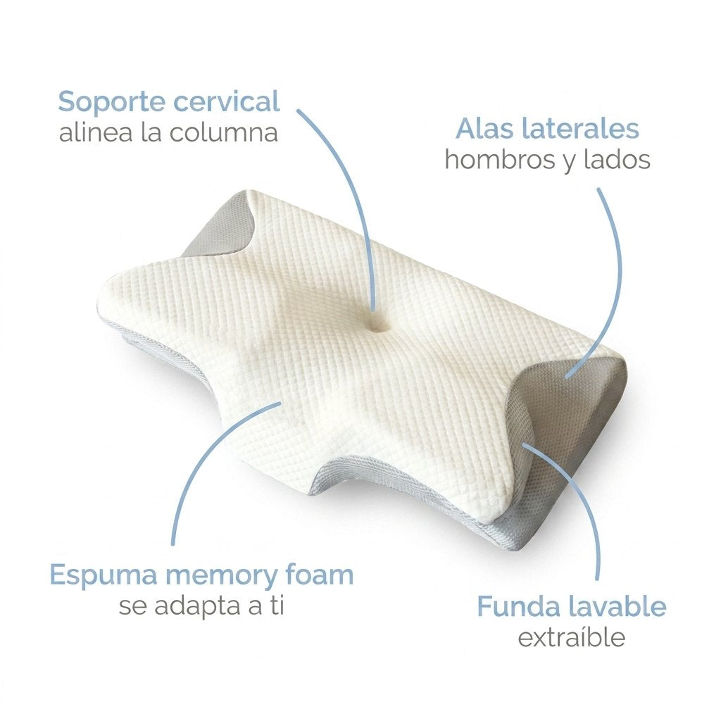 Especificaciones OrthoSleep: soporte cervical, alas laterales, memory foam, funda lavable