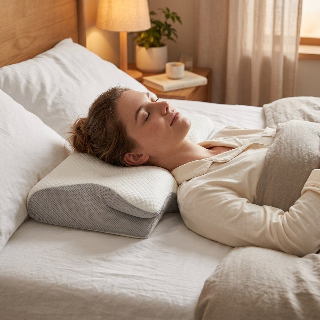 Persona durmiendo plácidamente con almohada cervical OrthoSleep