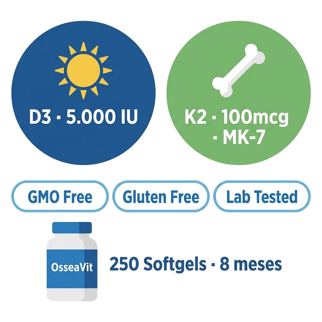 Especificaciones OsseaVit D3 5000 IU K2 100mcg MK-7 250 softgels sin gluten sin soja