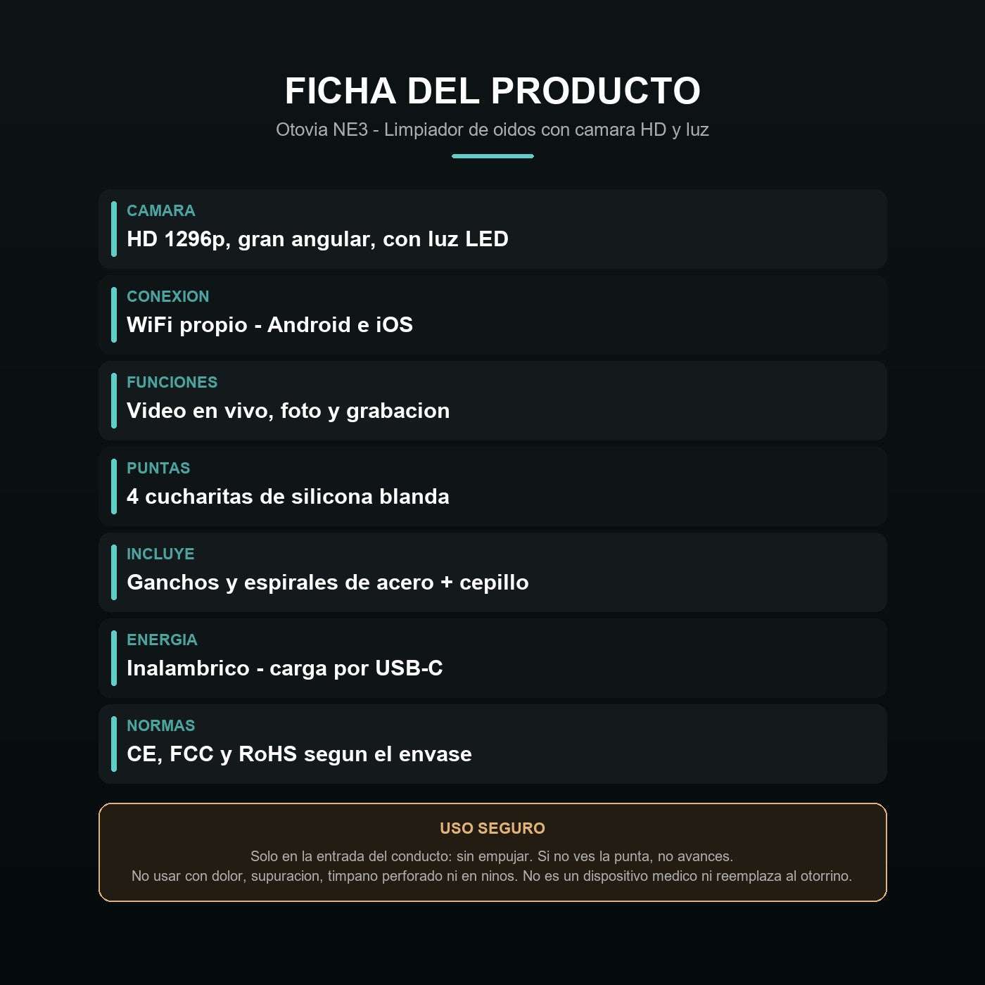 Ficha tecnica: camara, wifi, bateria y advertencias de uso