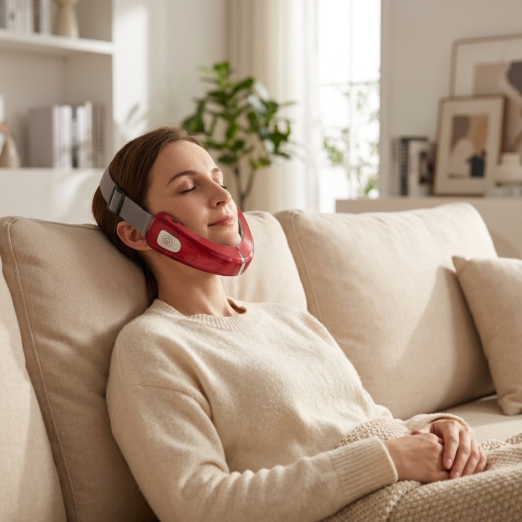 Mujer relajada en sofá usando el reductor de papada SHAPE DELICATE V FACE