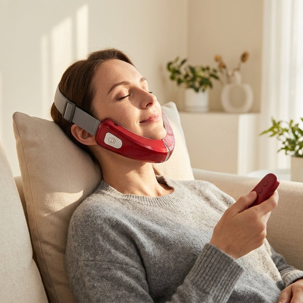 Mujer relajada en sofá usando el reductor de papada SHAPE DELICATE V FACE