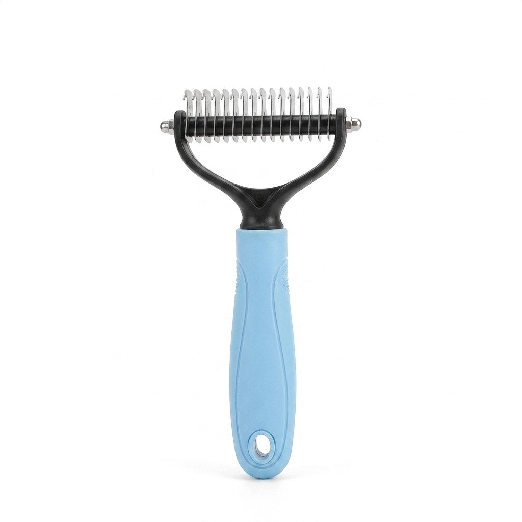 PawLine rastrillo cepillo dematizador mascota mango azul ergonomico acero inox perros gatos pelo largo