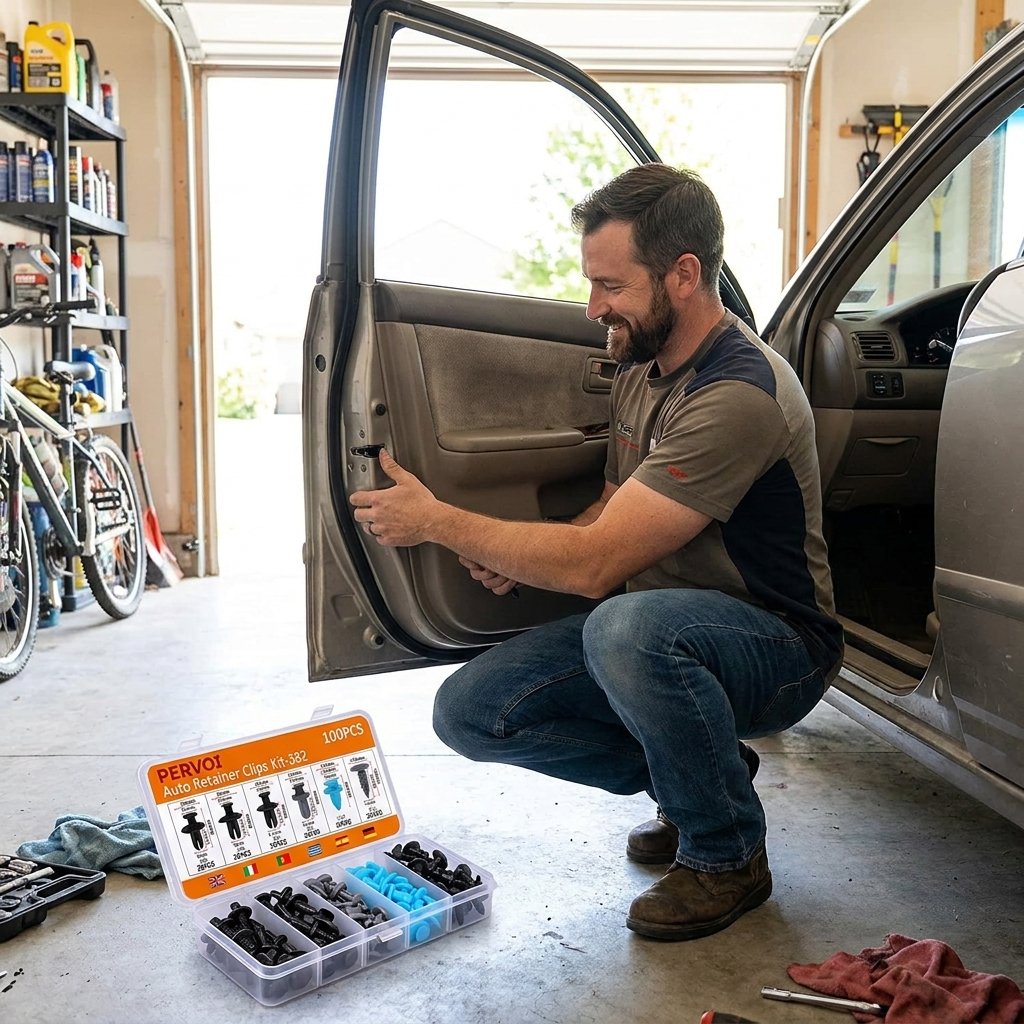 Persona instalando grapa PERVOI en panel de puerta auto reparación rápida sin taller