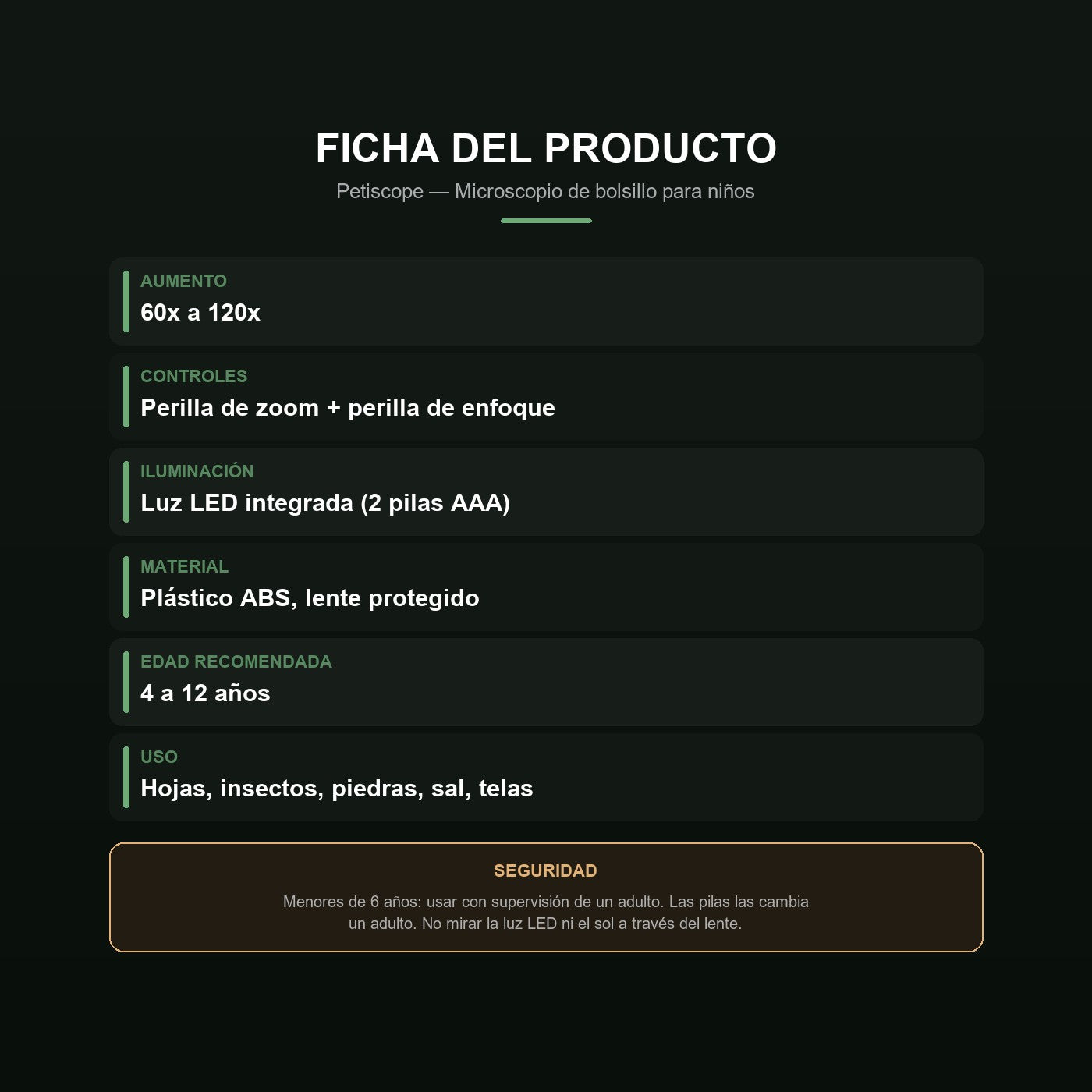 Ficha del microscopio Petiscope: 60x-120x, luz LED, pilas AAA