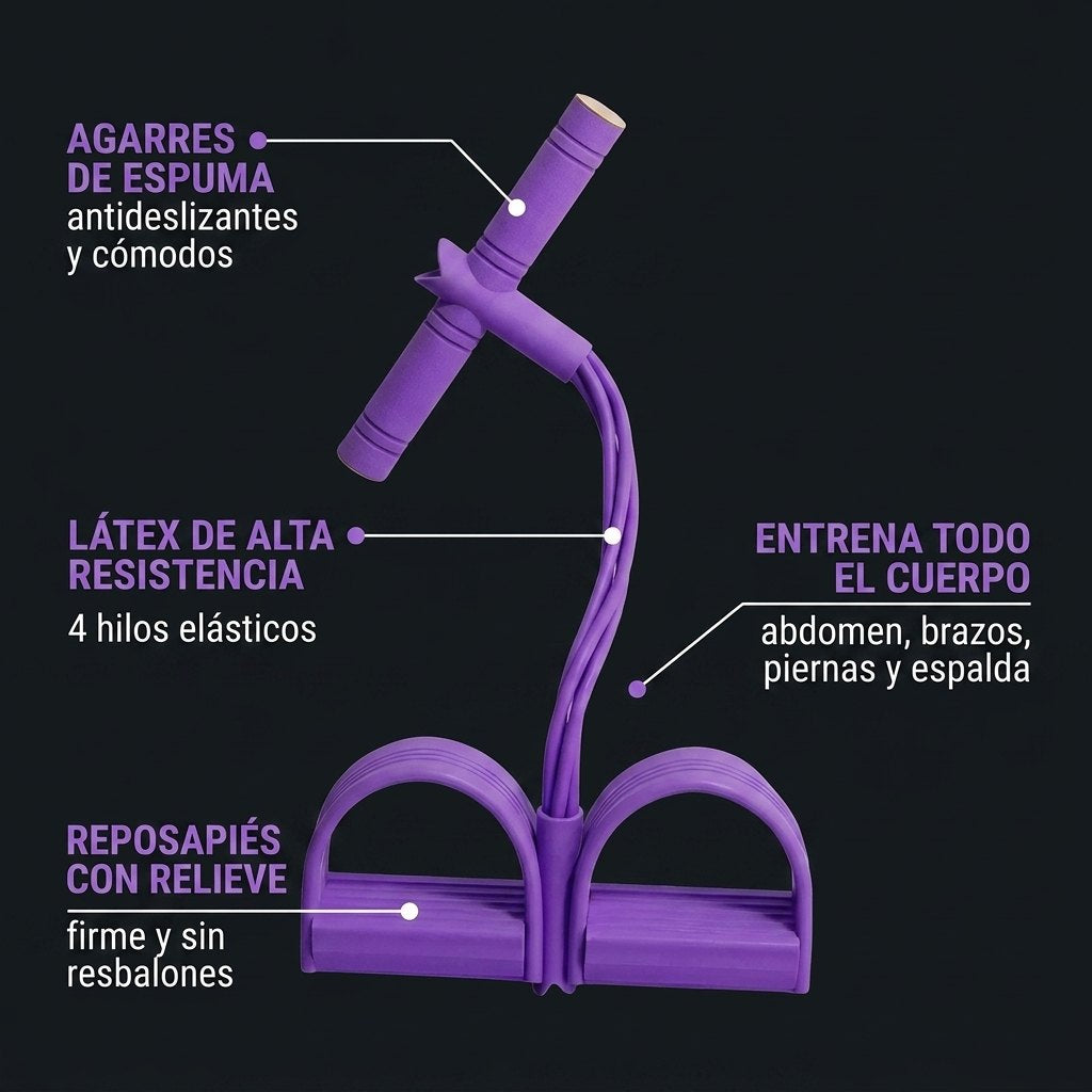 Especificaciones: látex de alta resistencia, agarres de espuma, reposapiés, entrena todo el cuerpo