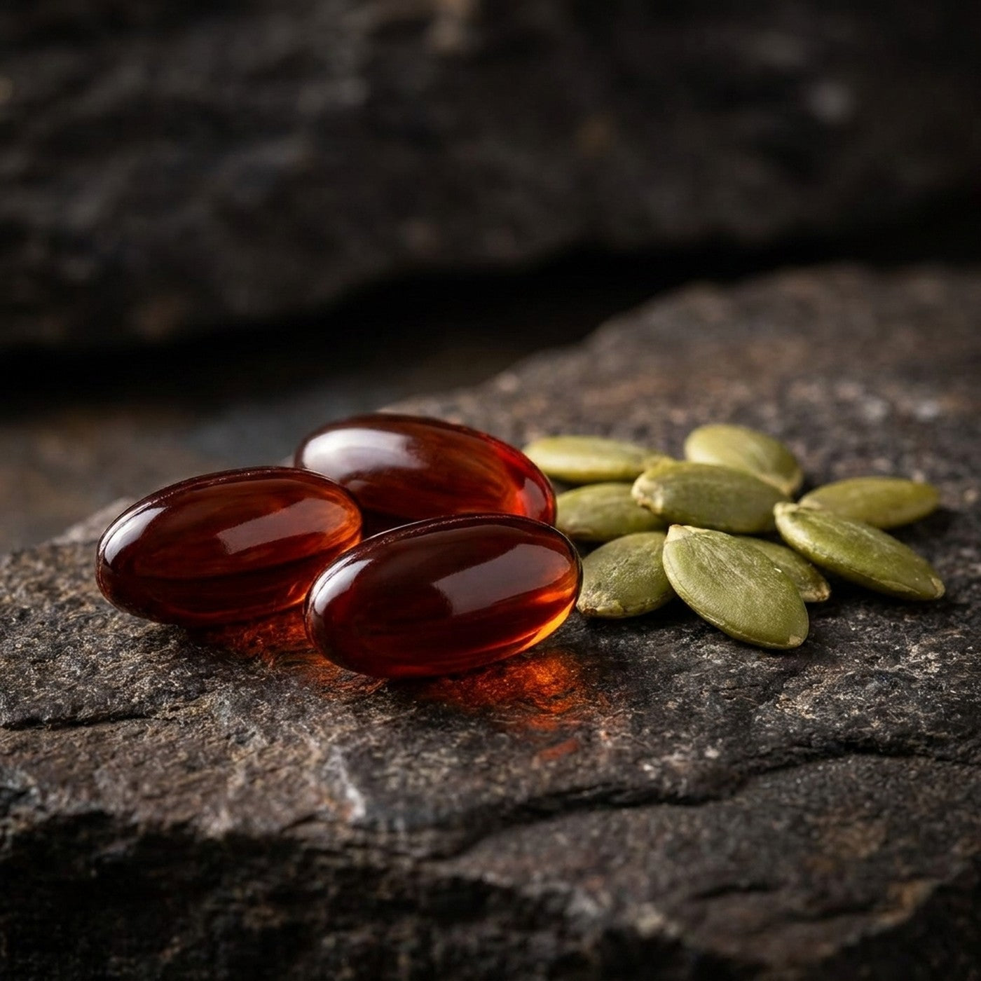 Detalle de las capsulas blandas junto a semillas de calabaza