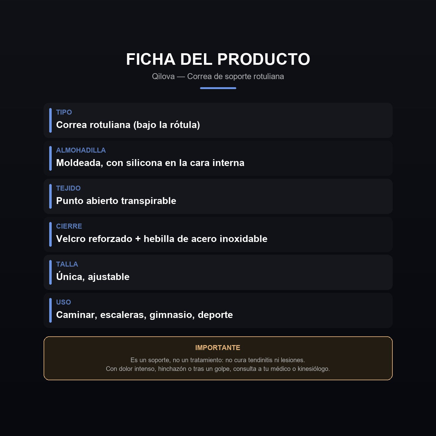 Ficha de la correa rotuliana Qilova y recomendaciones de uso