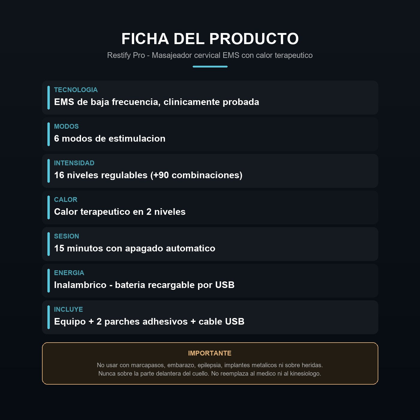 Ficha tecnica: modos EMS, intensidades, calor y bateria