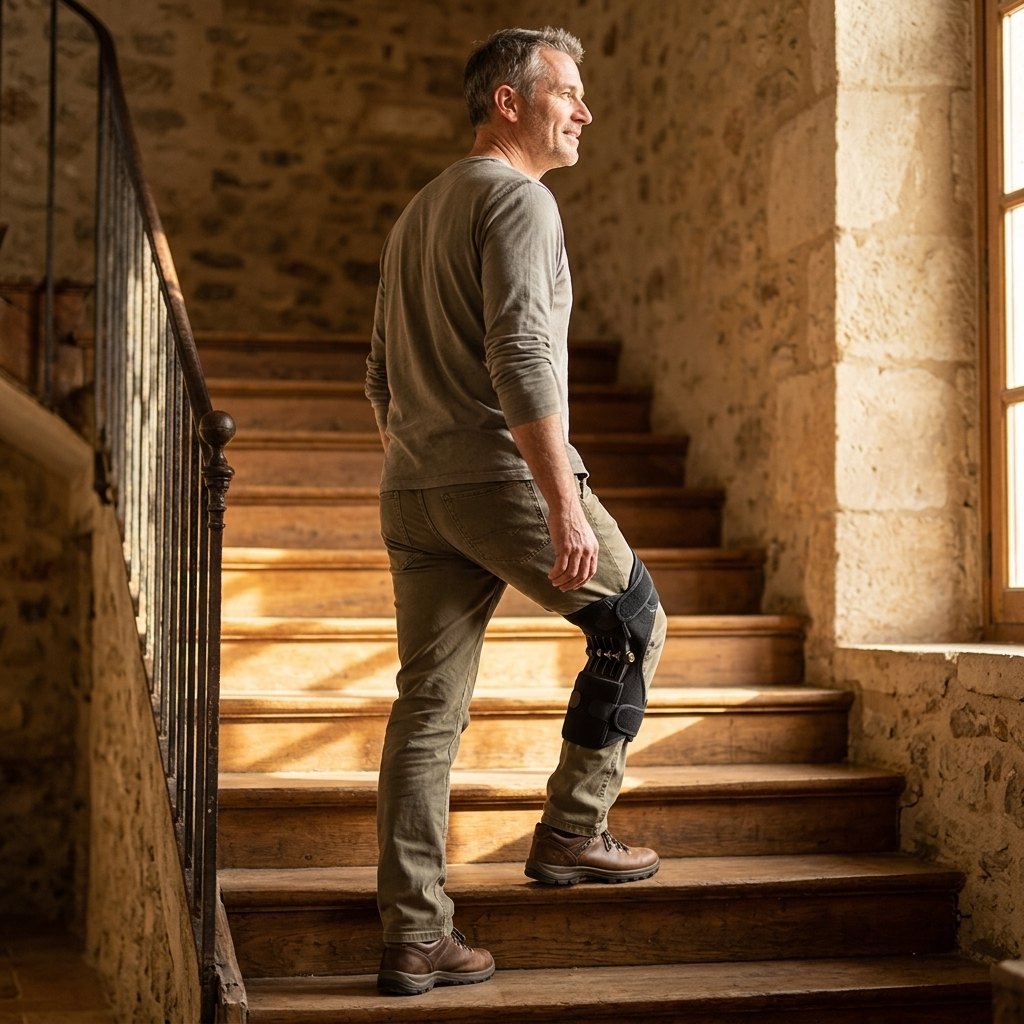 Hombre subiendo escaleras cómodamente con rodillera mecánica BIOFORCE